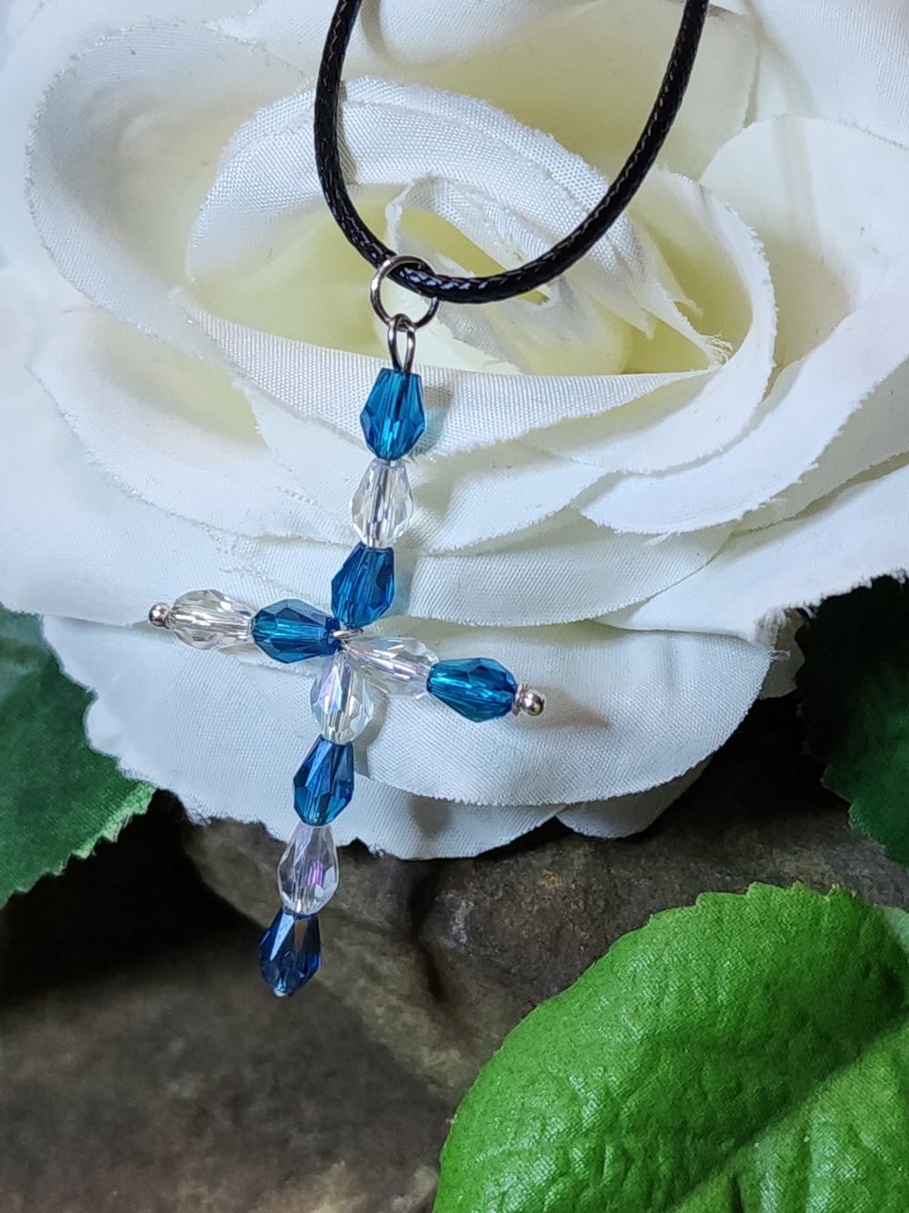 Blue and Clear Glass Beaded Cross Pendant Necklace - Women Jewelry